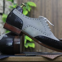 New Pure Leather Suede Grey Black Colour Lace Up Wing Tip and Brogue Toe Style Dress Shoes - Thumbnail 2