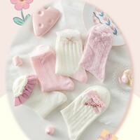 Sweet Coquette Girl Pink & White Cotton Socks 5 Patterns Pairs Sets - Thumbnail 6