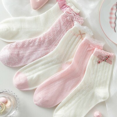 Sweet coquette girl pink & white cotton socks 5 patterns pairs sets