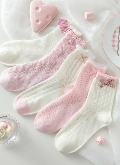 Sweet Coquette Girl Pink & White Cotton Socks 5 Patterns Pairs Sets