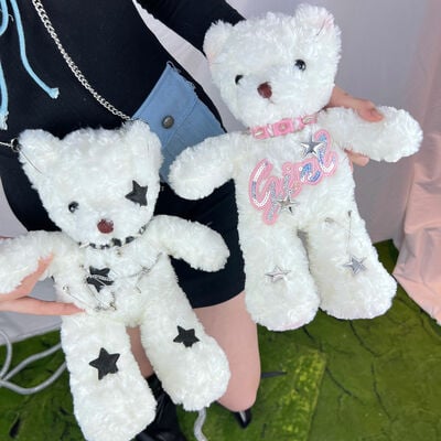 Black white bear doll cute plush chain star love collar coin purse bag