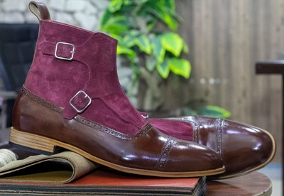 Handmade Ankle High Two Tone Color Leather Suede Double Buckle Cap Toe Men's Boots