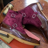 Handmade Ankle High Two Tone Color Leather Suede Double Buckle Cap Toe Men's Boots - Thumbnail 1