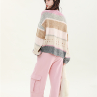 Brown Gray Pink Soft Girl Autumn Knitted Sweater Cardigan - Thumbnail 2