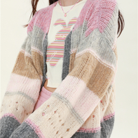 Brown Gray Pink Soft Girl Autumn Knitted Sweater Cardigan - Thumbnail 4