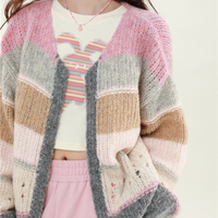 Brown Gray Pink Soft Girl Autumn Knitted Sweater Cardigan - Thumbnail 3