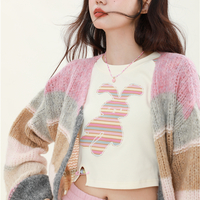 Brown Gray Pink Soft Girl Autumn Knitted Sweater Cardigan - Thumbnail 5