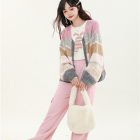 Brown Gray Pink Soft Girl Autumn Knitted Sweater Cardigan - Thumbnail 6