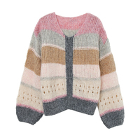 Brown Gray Pink Soft Girl Autumn Knitted Sweater Cardigan - Thumbnail 7