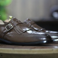 Dark brown Color Genuine Handmade Leather Fringe Buckle Men's Slip On Moccasin Wing tip Brogue Toe Loafer Shoes - Thumbnail 1