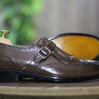 Dark brown Color Genuine Handmade Leather Fringe Buckle Men's Slip On Moccasin Wing tip Brogue Toe Loafer Shoes - Thumbnail 3