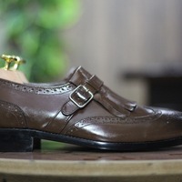 Dark brown Color Genuine Handmade Leather Fringe Buckle Men's Slip On Moccasin Wing tip Brogue Toe Loafer Shoes - Thumbnail 4