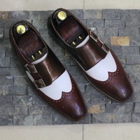 Double Buckle Style Two Tone Color Wing Tip Brogue Toe Men's Handmade Leather Shoes - Thumbnail 1