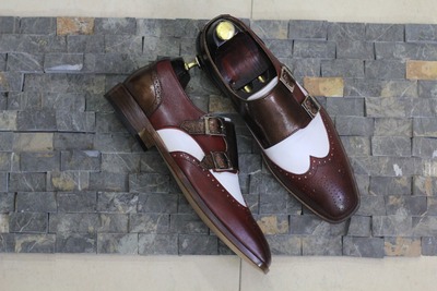 Double Buckle Style Two Tone Color Wing Tip Brogue Toe Men's Handmade Leather Shoes