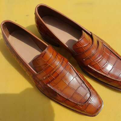 Top trendy men's hand stitch brown shoes, alligator formal wear loafer shoes