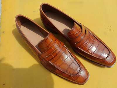 Top Trendy Men's Hand Stitch Brown Shoes, Alligator Formal Wear Loafer Shoes
