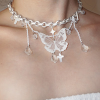 Butterfly Cross White Crystal Star Multi Layer White Angel Necklace - Thumbnail 1