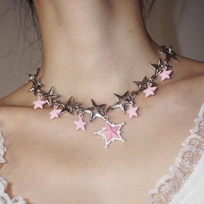 Y2k double layer silver pink stars necklace