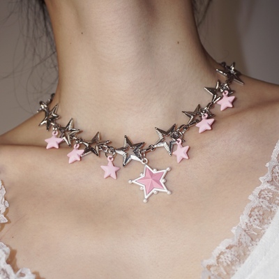 Y2K Double Layer Silver Pink Stars Necklace
