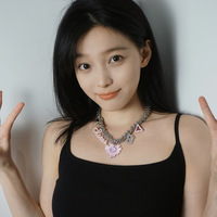 Y2K Retro Silver Chain Crystal Pink Blue Heart Pendant Necklace - Thumbnail 3