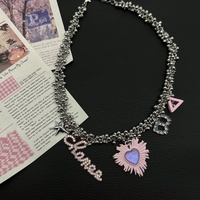 Y2K Retro Silver Chain Crystal Pink Blue Heart Pendant Necklace - Thumbnail 1