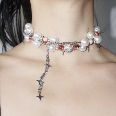 Multi layer chain kitty stars pearl beads jewelry necklace