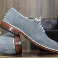 Men's Bespoke Lace Up Style Grey Color Genuine Suede Classic Shoes - Thumbnail 2