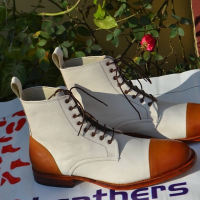 Brown white leather men ankle high lace up boot - Thumbnail 3