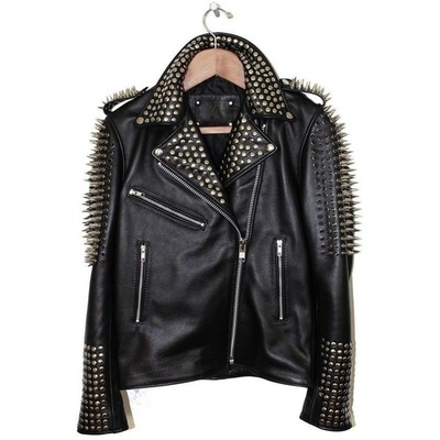 Men's handmade black punk silver long spiked studded cowhide leather jacket - Thumbnail 4