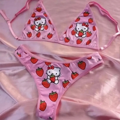 2pcs pink strawberry japanese cat bikini set