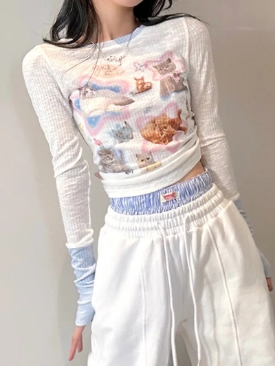 Kawaii Cat Print Long Sleeve T-shirt 