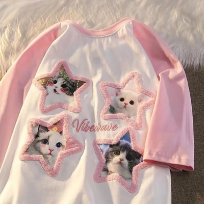 Pink kawaii cat patchwork short sleeve t-shirt  - Thumbnail 1