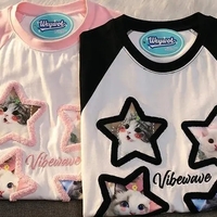 Pink Kawaii Cat Patchwork Short Sleeve T-shirt  - Thumbnail 4