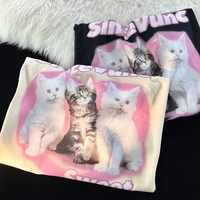 Retro Cat Print Short Sleeve T-shirt  - Thumbnail 2