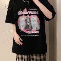 Retro Cat Print Short Sleeve T-shirt  - Thumbnail 4