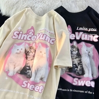 Retro Cat Print Short Sleeve T-shirt  - Thumbnail 5