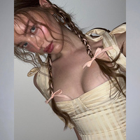 Sweet Yellow Bow Lace Up Satin Top  - Thumbnail 2