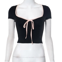 Black Crop Top With Pink Bow - Thumbnail 7