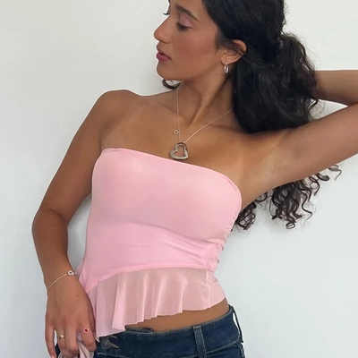 Pink Ruffle Irregular Mesh Tube Top