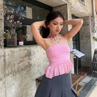 Pink Ruffle Irregular Mesh Tube Top - Thumbnail 2