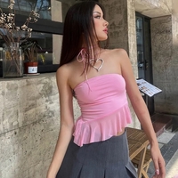 Pink Ruffle Irregular Mesh Tube Top - Thumbnail 3