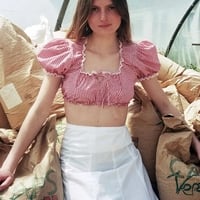 Red & White Plaid Lace Square Neck Top - Thumbnail 3