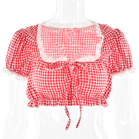 Red & White Plaid Lace Square Neck Top - Thumbnail 6