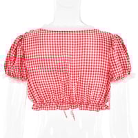 Red & White Plaid Lace Square Neck Top - Thumbnail 7