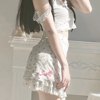 Pink Floral Bow Print Ruffle Mini Skirt  - Thumbnail 2