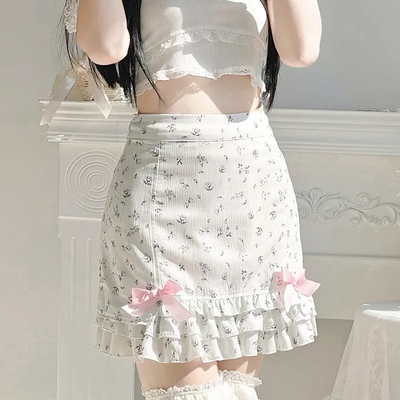 Pink floral bow print ruffle mini skirt 