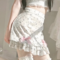 Pink Floral Bow Print Ruffle Mini Skirt  - Thumbnail 1