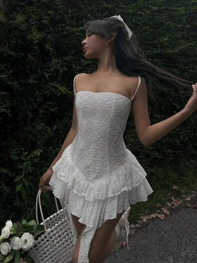 White Floral Lace Layered Dress 