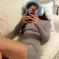 Grey Knit Off Shoulder Long Sleeve Jumpsuit  - Thumbnail 3