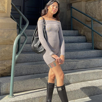 Grey Knit Off Shoulder Long Sleeve Jumpsuit  - Thumbnail 5